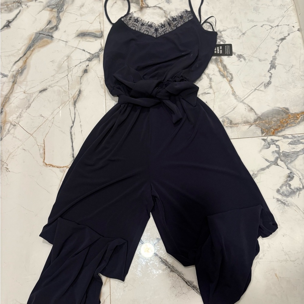 Express Blue Ruffle Jumpsuit with Wide-Leg Design